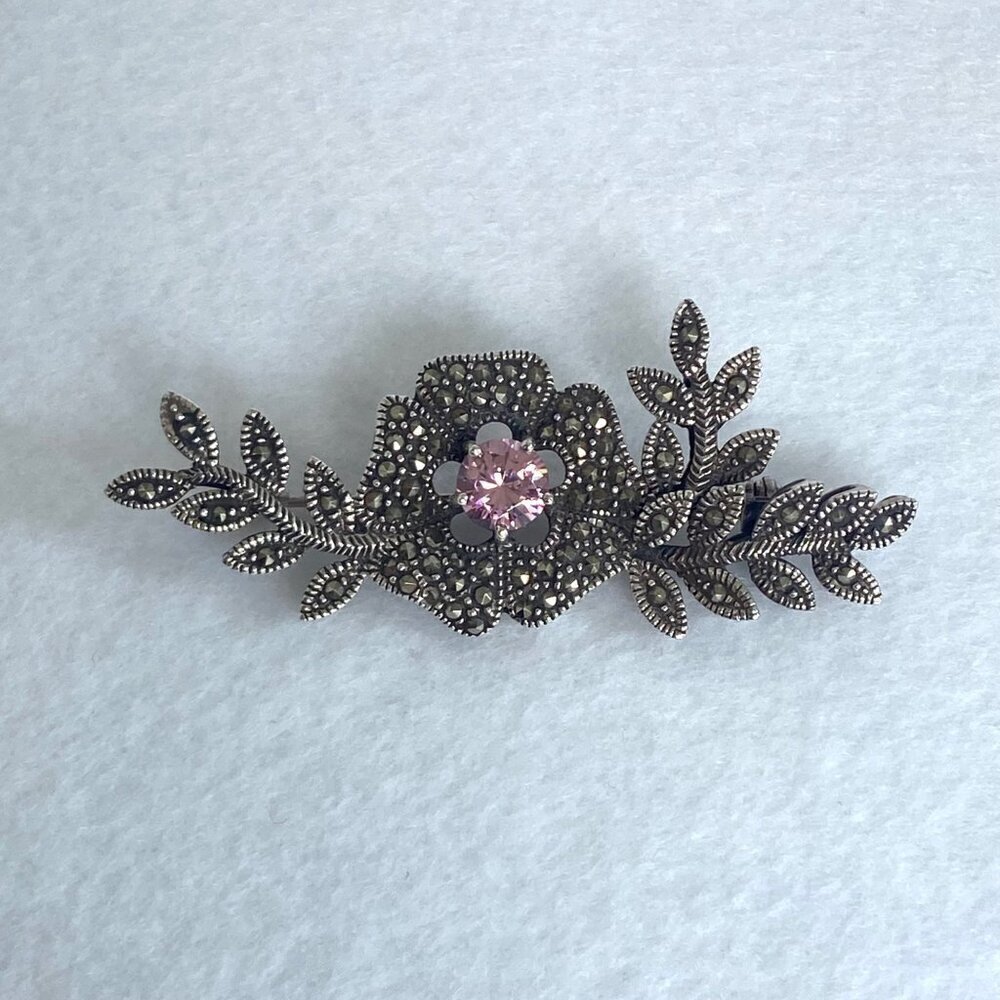 VTG Sterling Silver 925 Marcasite & Round Pink CZ Flower Leaf Foliage Brooch - Picture 2 of 16